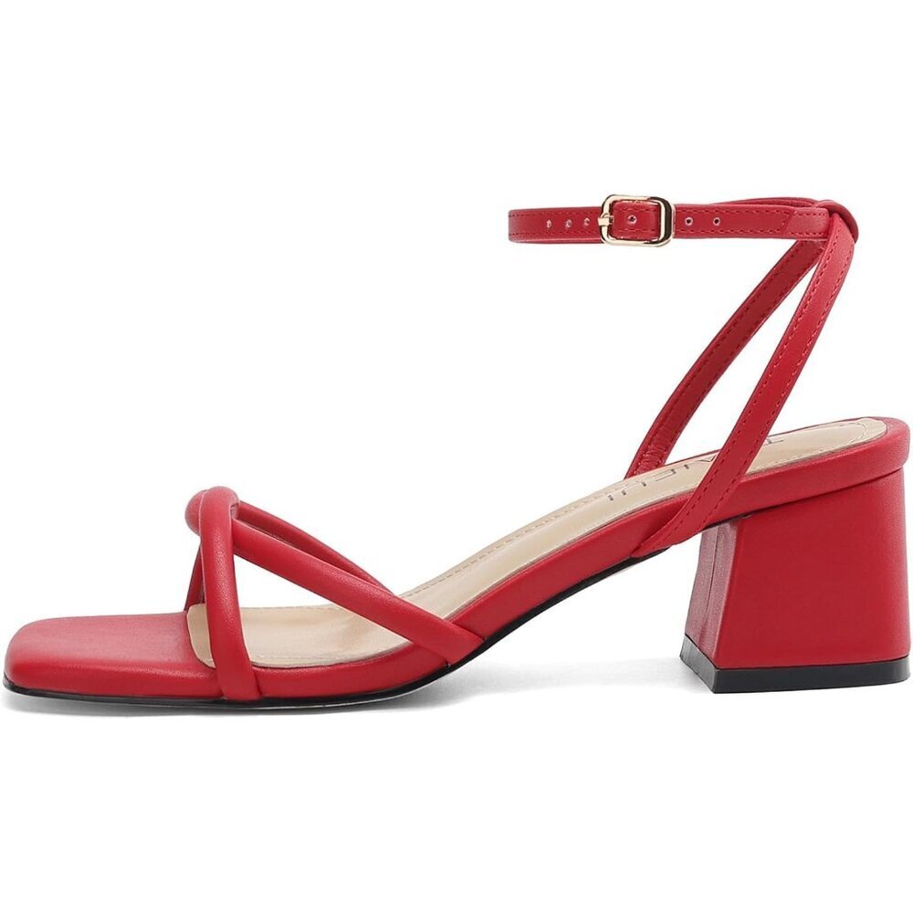 Women's Red Open Square Toe Chunky Block Sandals Chic Strappy Heels Shoes - Picture 4 of 6
